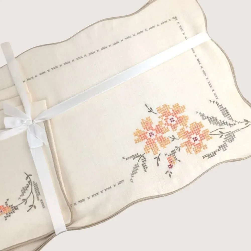 1960s Bucilla Linen Cross Stitch Placemat Set
